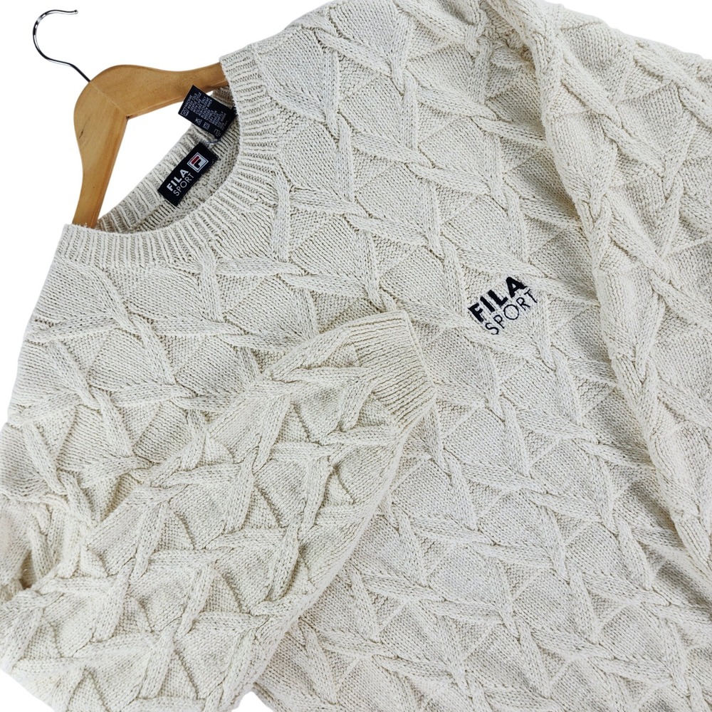 Vintage 90s FILA Sport Men's L Cable Knit Sweater Cotton Ivory Tennis Preppy